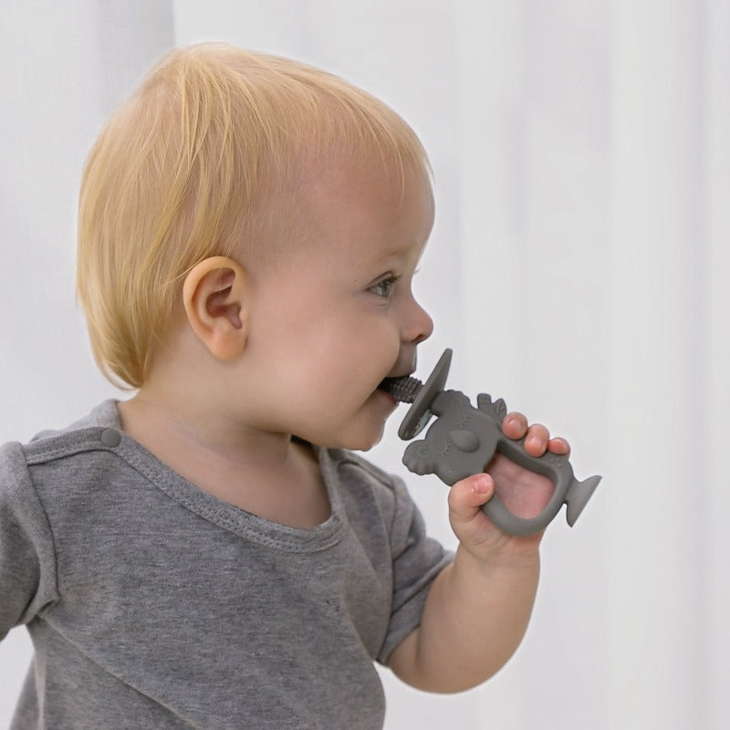 Baby Using Koala Teether Grey 1