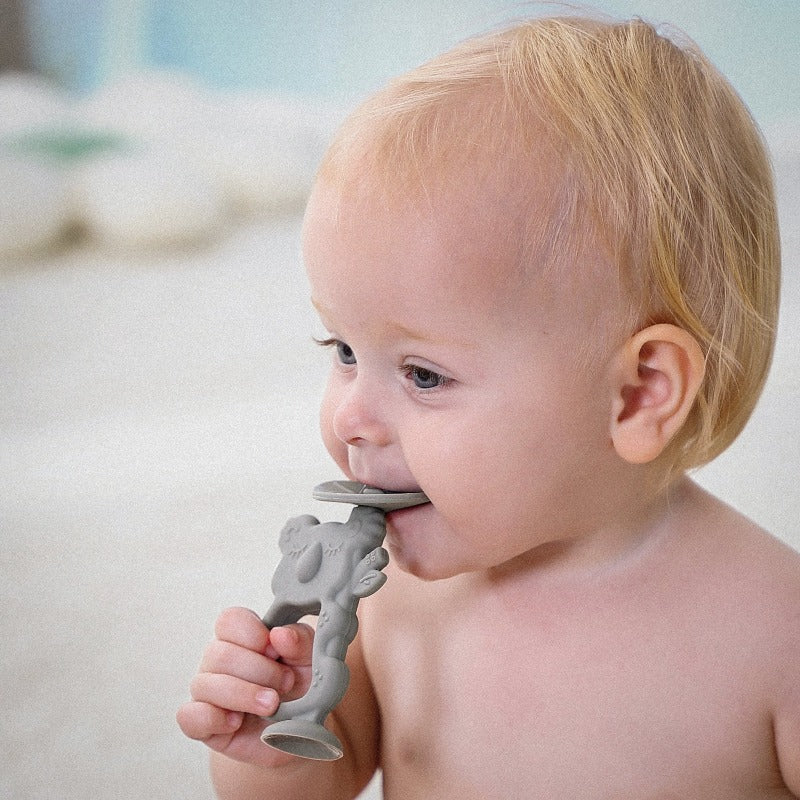 Baby Using Koala Teether Grey 2