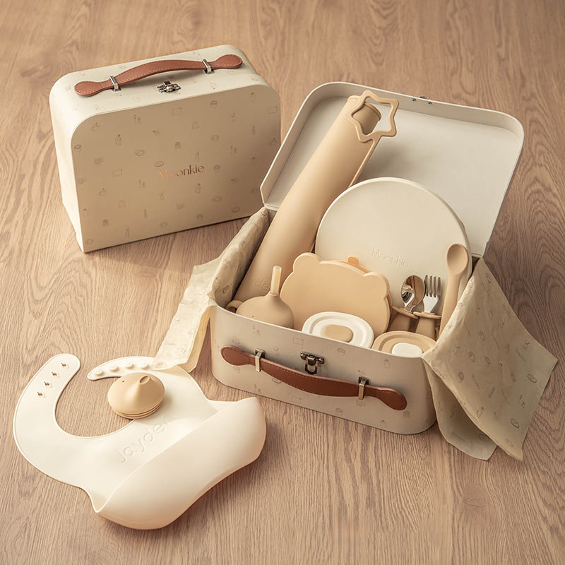 14 Piece Silicone Personalized Baby Feeding Set(Croissant/Ivory)